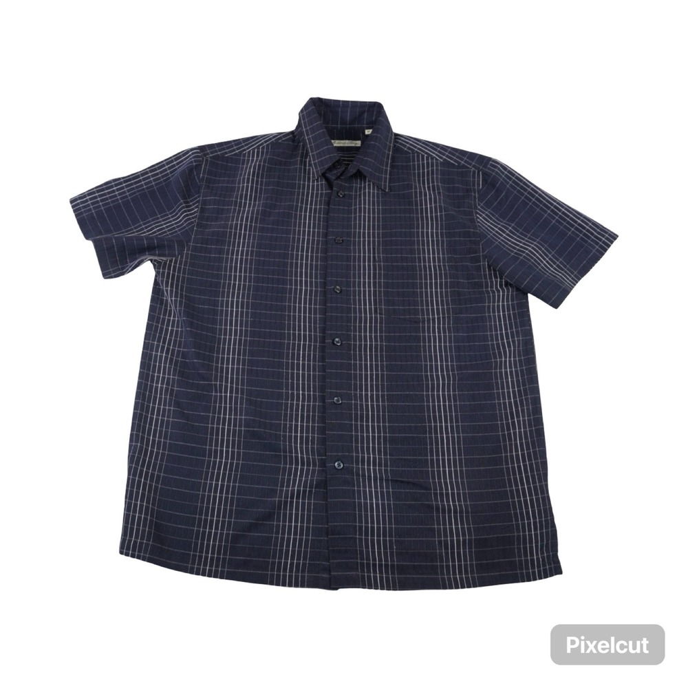 Milano Bay Shirt Mens Medium Blue White Plaid Casual Wear Short Sleeve Button Up